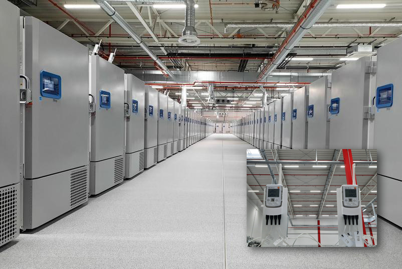Modern logistics hall with refrigerated containers and automated storage technology